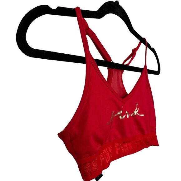VICTORIA'S SECRET PINK Active Red Gold Spell Out Lightly Lined Bralette Bra XS - Picture 5 of 16
